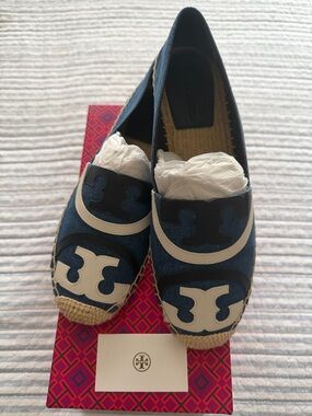 Tory Burch Navy and White Logo Espadrille Slip-Ons